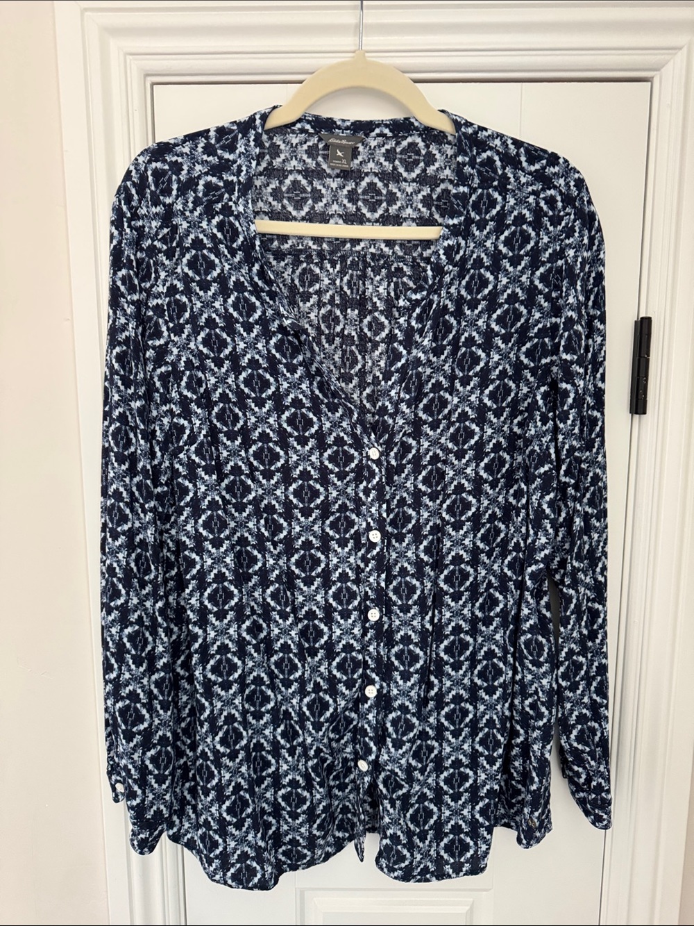 Eddie Bauer Navy and White Geometric Print Blouse